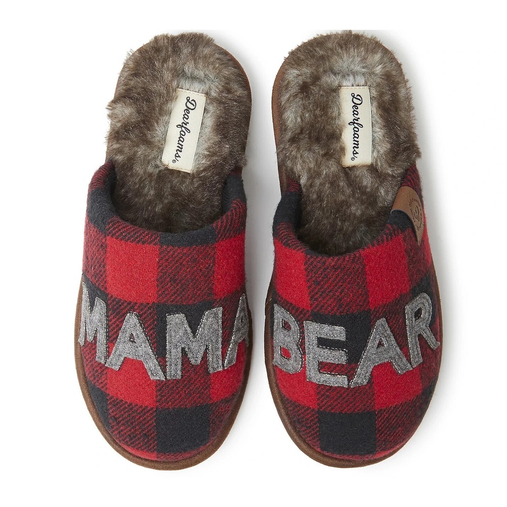 Dearfoams Christmas Gifts Mom Cute‎ Gray & Red Plaid NEW 5-6 Mama Bear Slippers